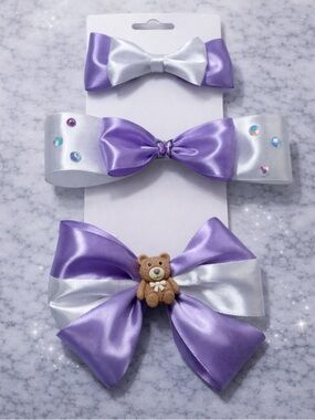 Set of 3 Purple and White Satin Bow Hair Clip